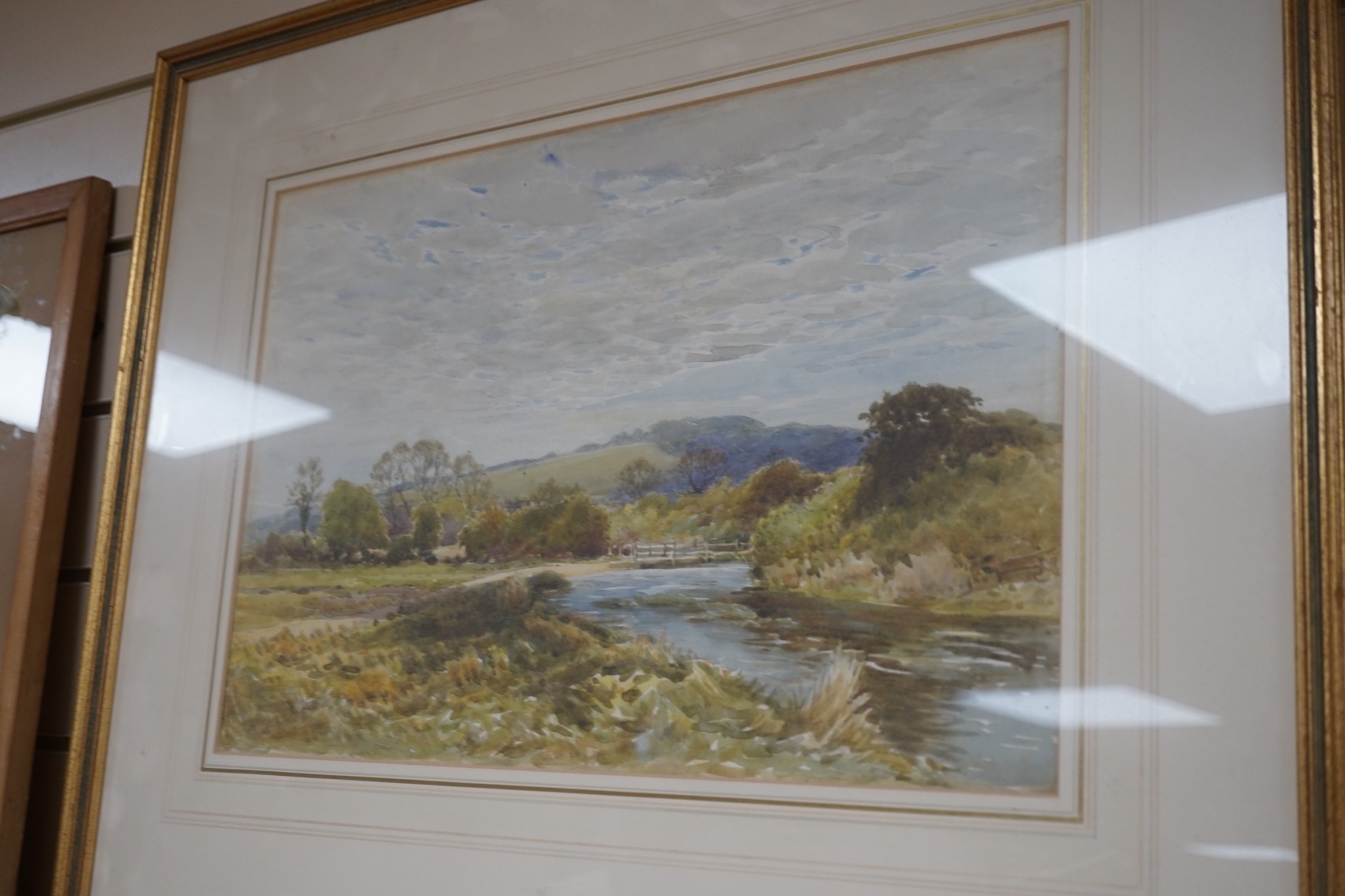 English School, watercolour, River landscape, 30 x 45cm and an earlier watercolour signed J, Hill, 25 x 34cm